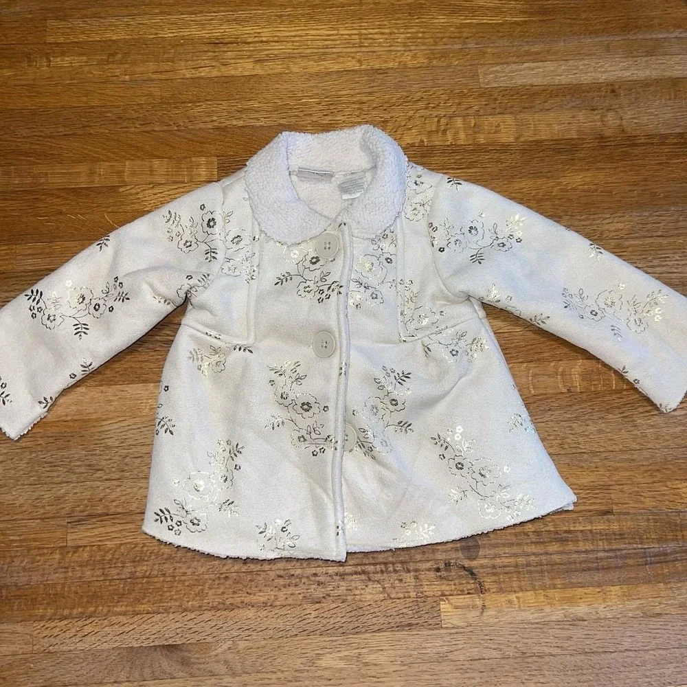 Koala Girls 12 Months Ivory Gold Foil Floral Fleece Button Peacoat Collar Jacket